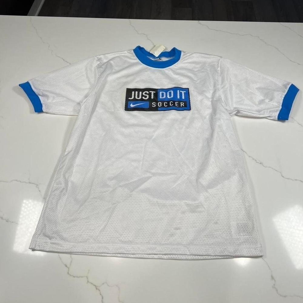 Nike Soccer Jersey Mens Large White Blue Just Do It Mesh Top Vintage NWT